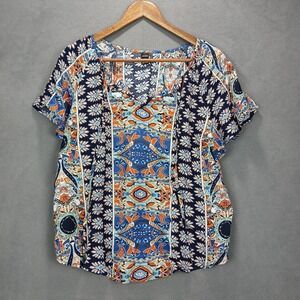 Ranlege Blouse Top Womens Large Multicolor Vibrant Floral Paisley‎ Tie V Neck